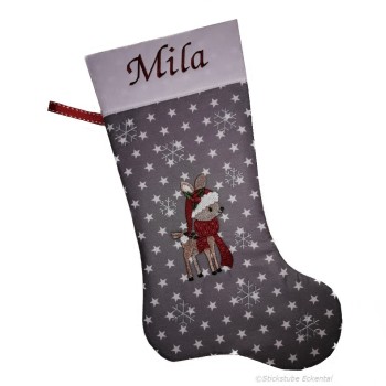 Nikolausstiefel Rentier Stofffarbe grau Name lila